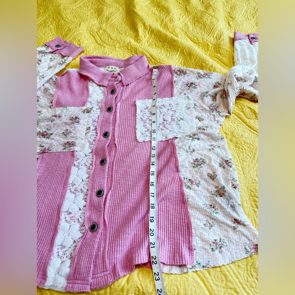 H175 New POL S pp24 Pink and Cream Patchwork detail Lace Button-Up Jacket Top - Picture 13 of 16